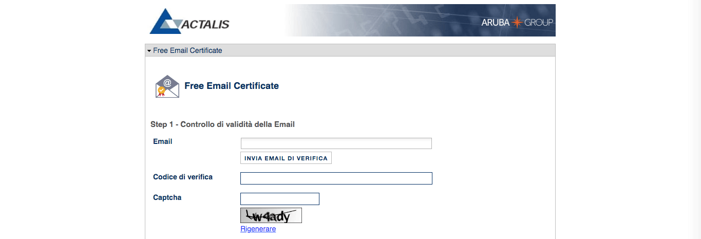 Modulo di Actalis “Free Email Certificate”: primo passaggio