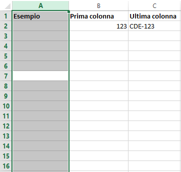 Colonna Excel selezionata tramite shortcut Colonna Excel selezionata tramite shortcut