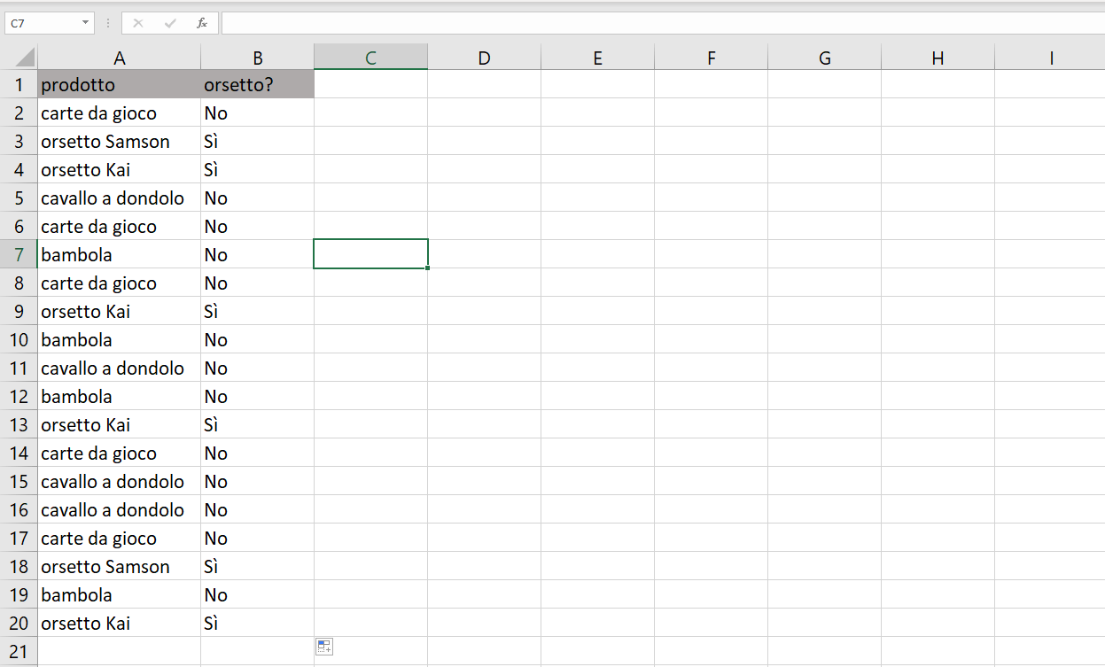 Tabella in Excel con funzione TROVA e funzione SE 