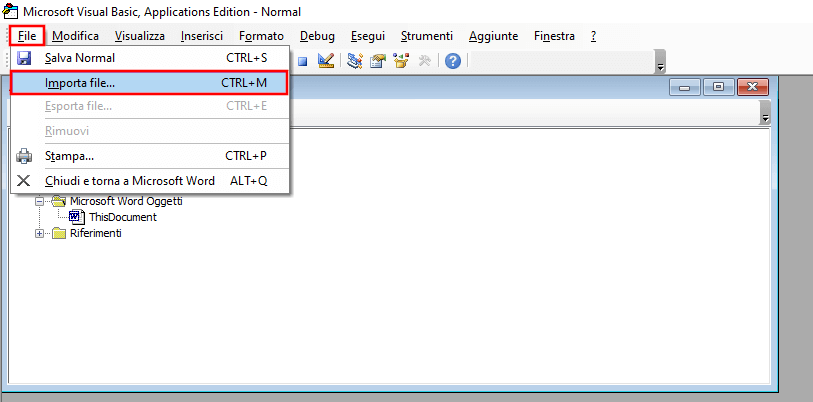 Opzione “Importa file” nel Visual Basic Editor