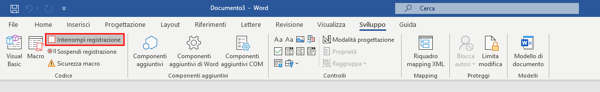 Finestra di configurazione degli strumenti di sviluppo in Word 365