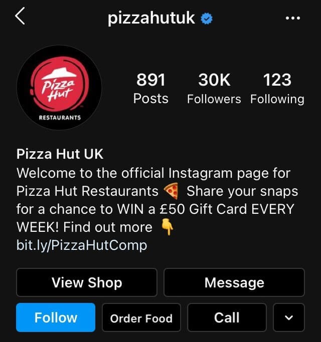 Biografia con pulsante “Ordina cibo“ nel profilo di Instagram