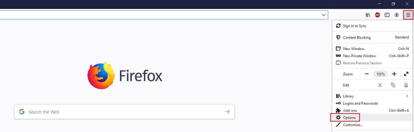 Menu standard di Firefox per desktop
