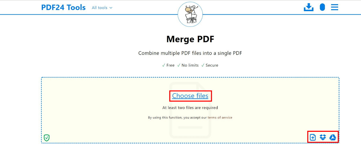 Finestra per unire file PDF con PDF24: area upload