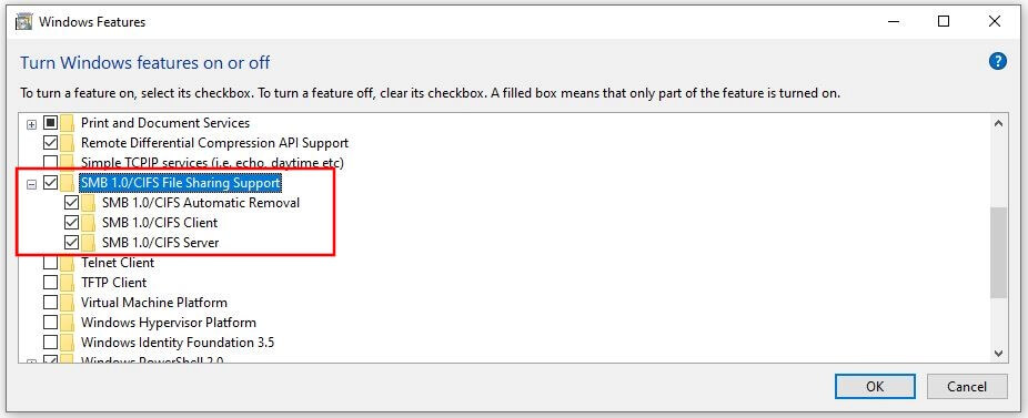 Attivazione del supporto di SMB in Windows