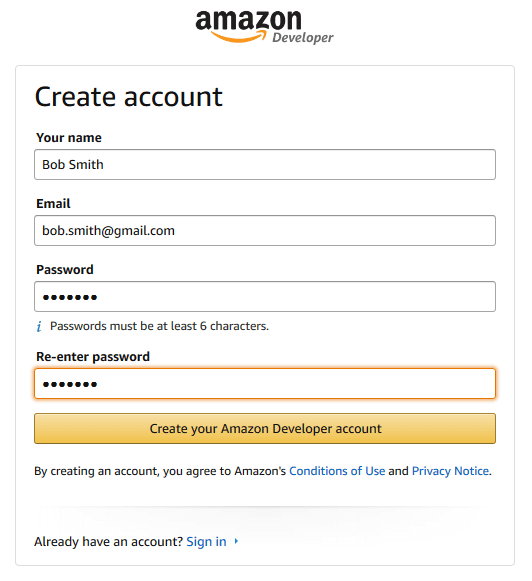 Amazon Developer: crea account