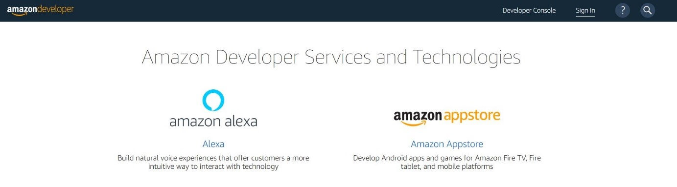 Amazon Developer Services: pagina iniziale