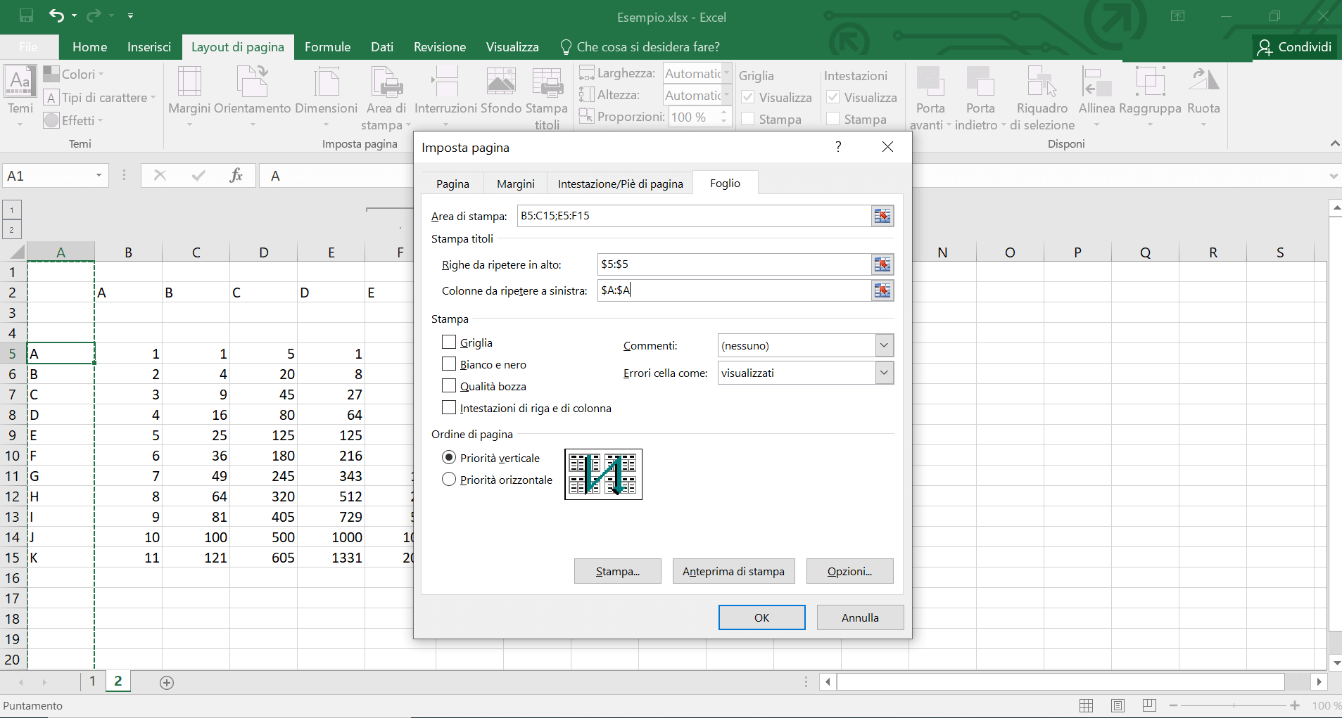 Impostare le righe e le colonne da ripetere tramite Stampa titoli in Excel
