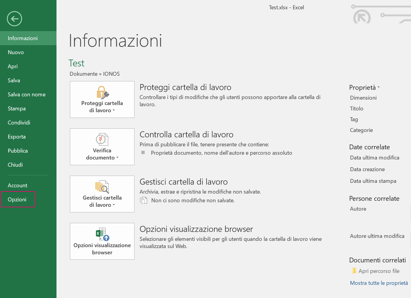 Microsoft Excel 2016: menu “Informazioni”