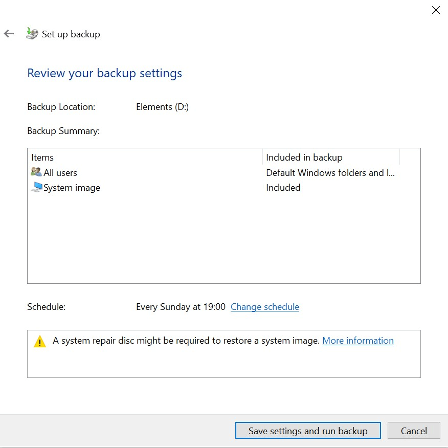 Impostazioni di backup per il backup di Windows 10