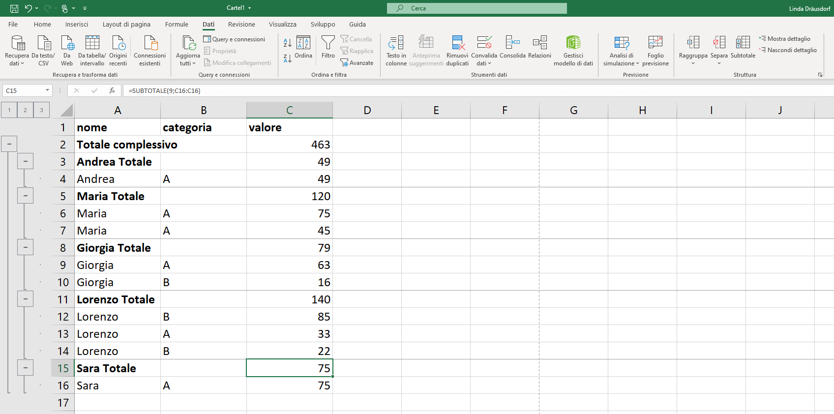 Barra laterale aggiuntiva in Excel per lo strumento Subtotale