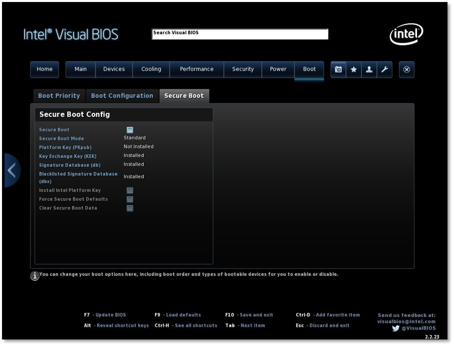 Intel Visual BIOS: configurazione di avvio sicuro