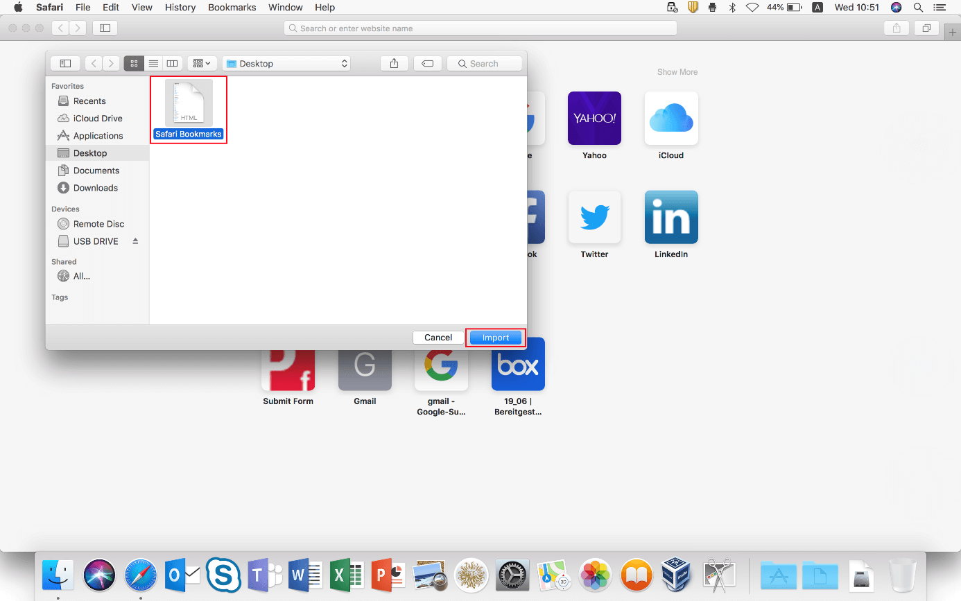 Selezione del file HTML di segnalibri nel Finder macOS