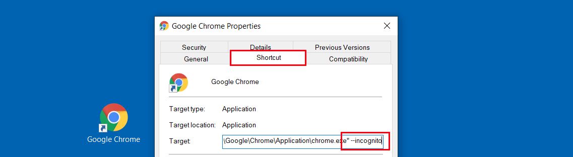 Proprietà del collegamento di Chrome sul desktop