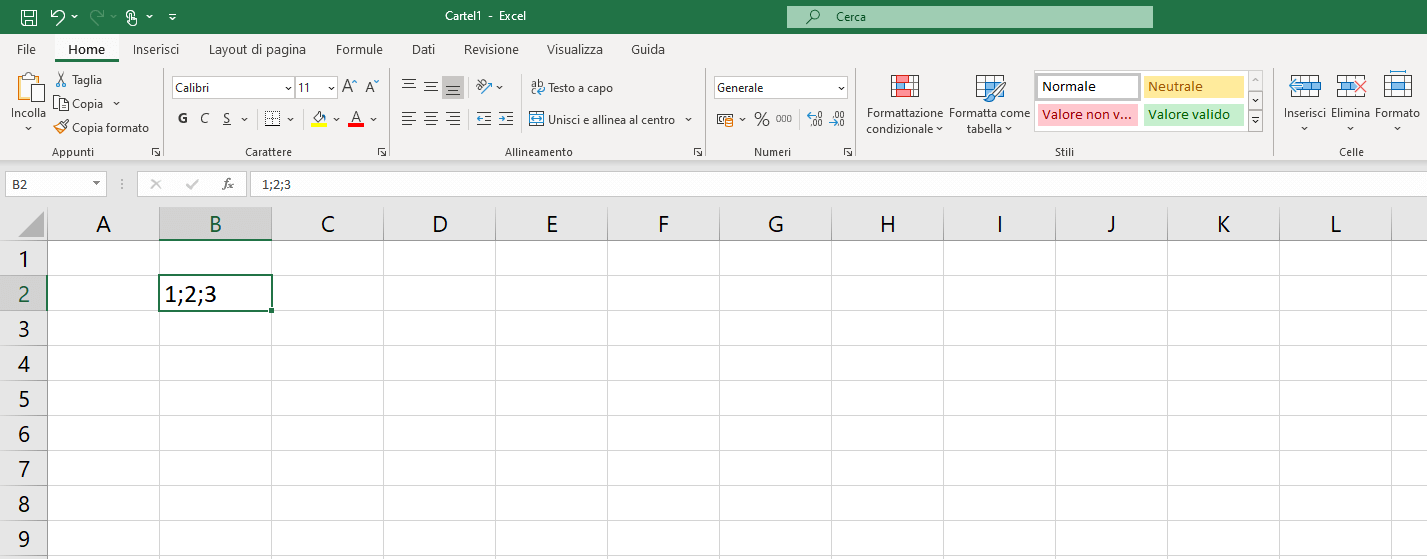 Excel: esempio di cella con separatori (punto e virgola)
