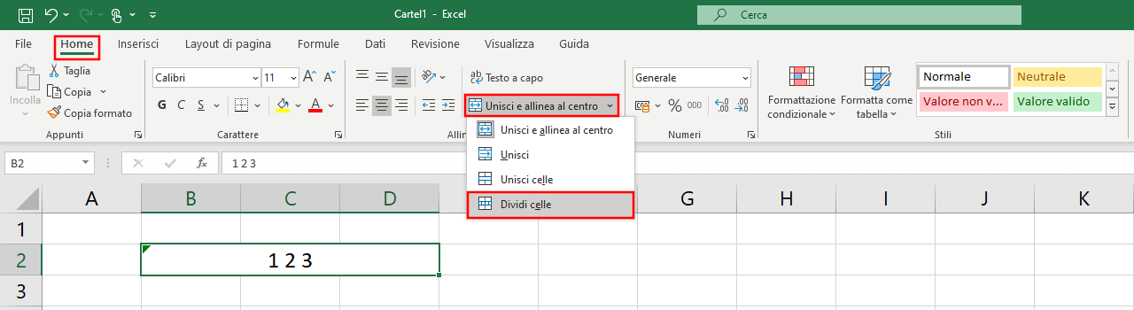 Esempio di un gruppo di celle in Excel (Microsoft 365)
