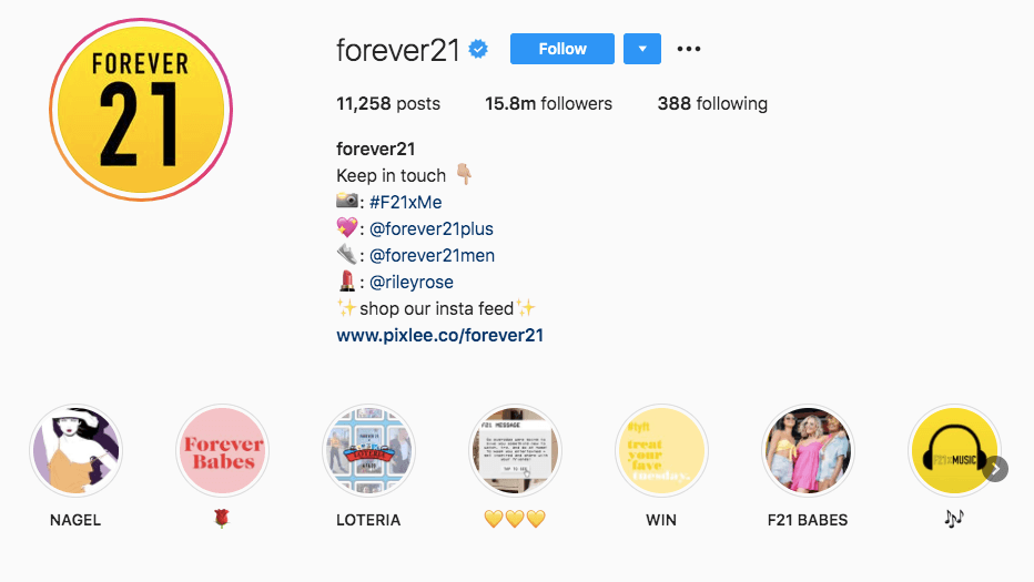Community hashtag nella bio di Instagram di Forever21
