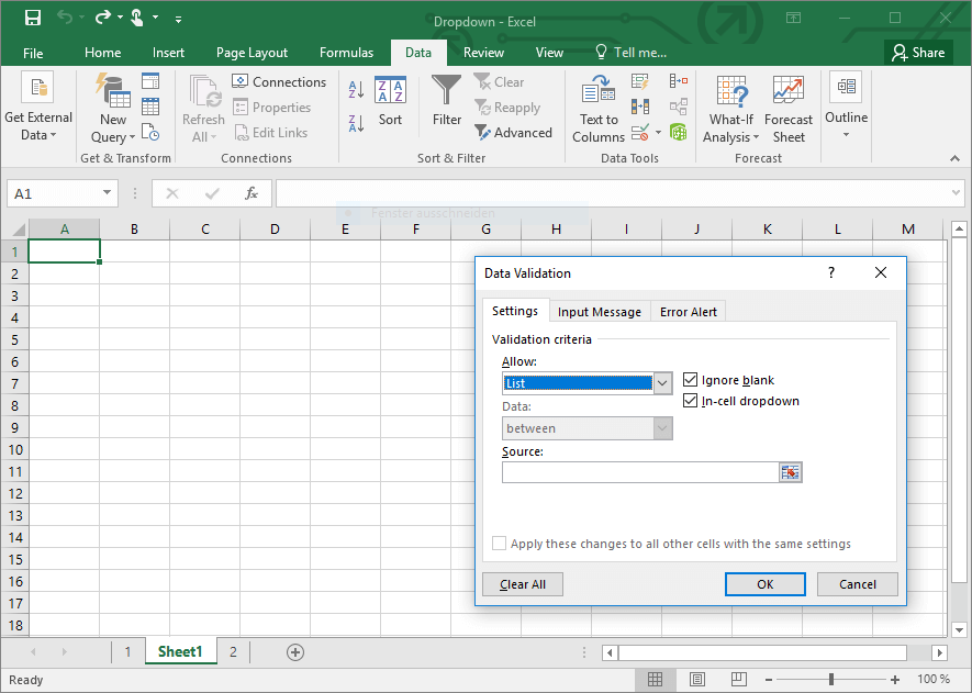 Menu Data validation per la creazione di liste di selezione in Excel