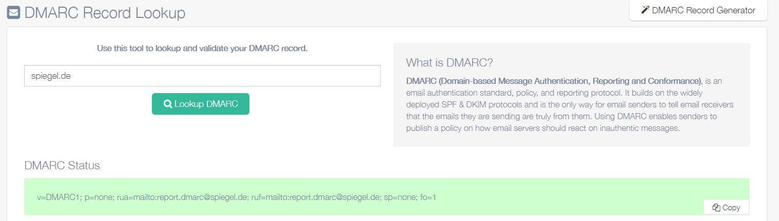 Screenshot di DMARC Record Lookup Tool di easydmarc.com