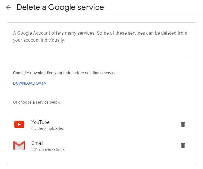 Finestra che consente di scaricare i propri dati prima di cancellare Gmail
