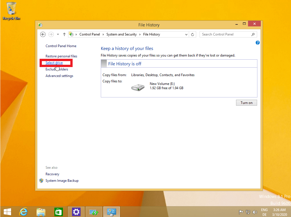 Seleziona unità per il backup di Windows 8