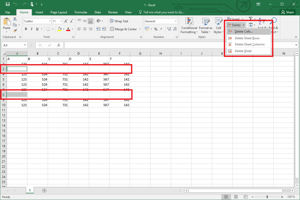Menu di selezione con cui è possibile cancellare tutte le righe selezionate in Excel