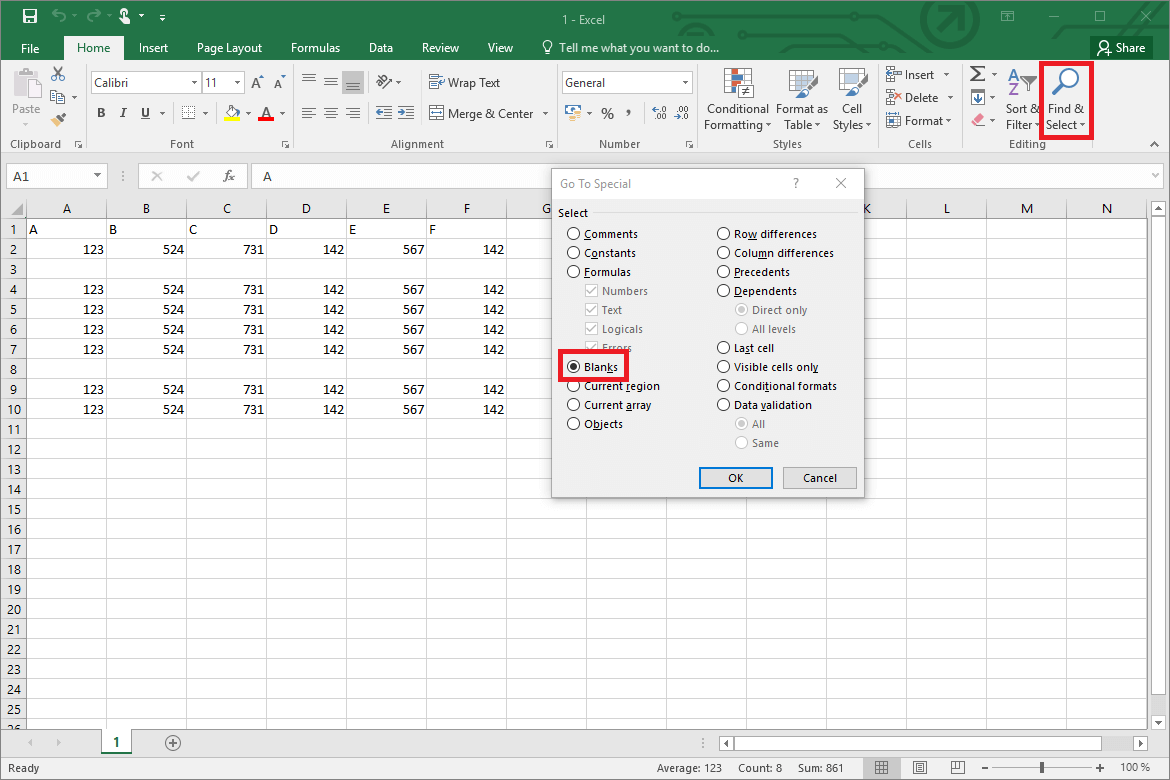 Menu di selezione che con la funzione di ricerca permette di eliminare in Excel le righe vuote