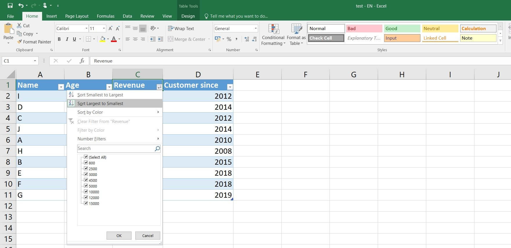 Finestra di selezione della funzione di ordinamento e filtro delle tabelle Excel (Excel 2016)