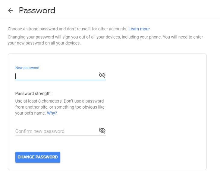 Inserire una nuova password