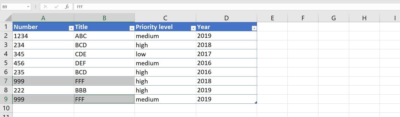 Excel 2016: esempio di voci con valori duplicati