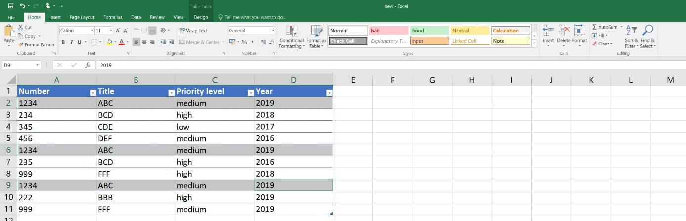 Excel 2016: esempio di tabella con voci identiche