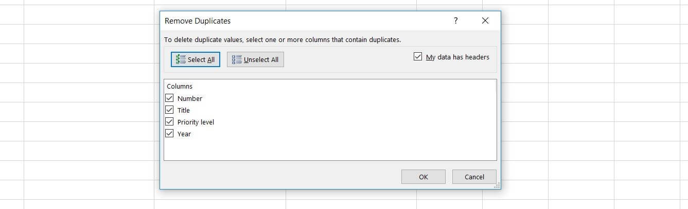 Excel: finestra di dialogo "Rimuovi duplicati"