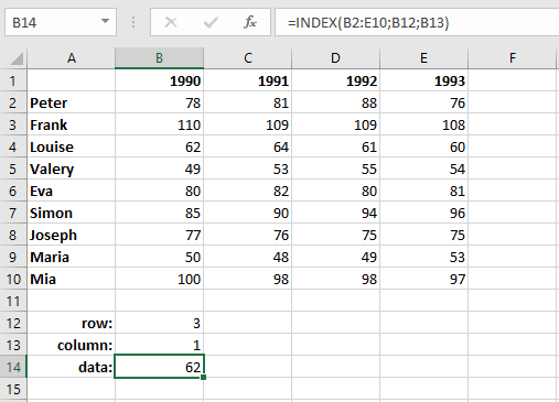 Tabella in Excel con semplice funzione INDICE