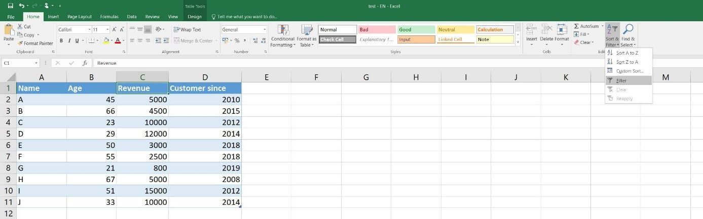 Tabella Excel senza funzione di filtro/ordinamento