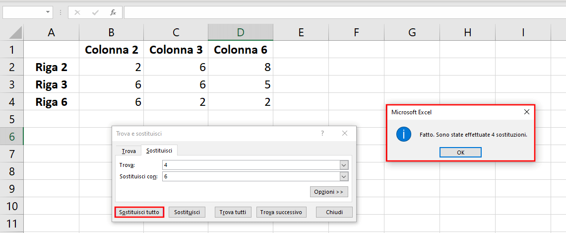 Excel: Trova e Sostituisci. Notifica di modifica avvenuta con successo