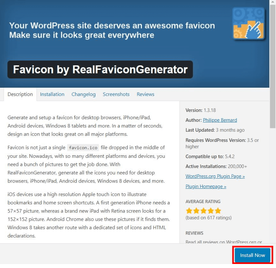Menu di installazione del plug-in di WordPress “Favicon by RealFaviconGenerator” 