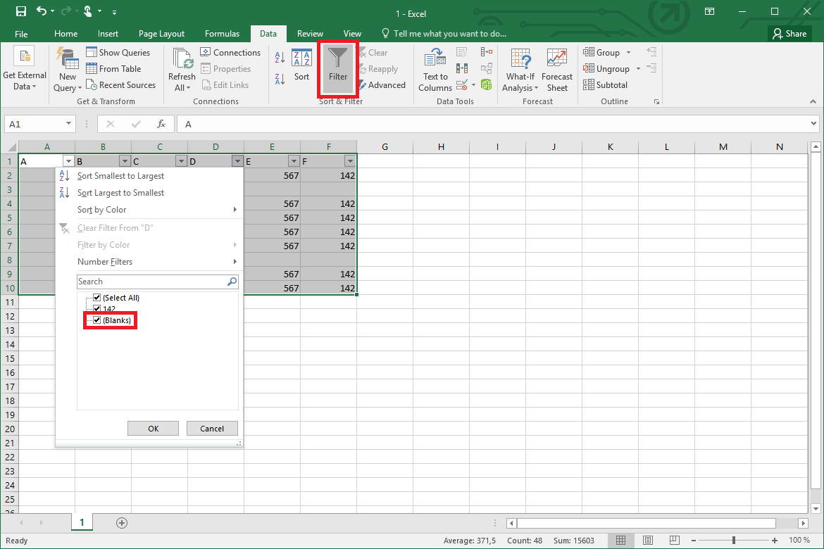 Filtro che permette poi di eliminare in Excel tutte le righe vuote