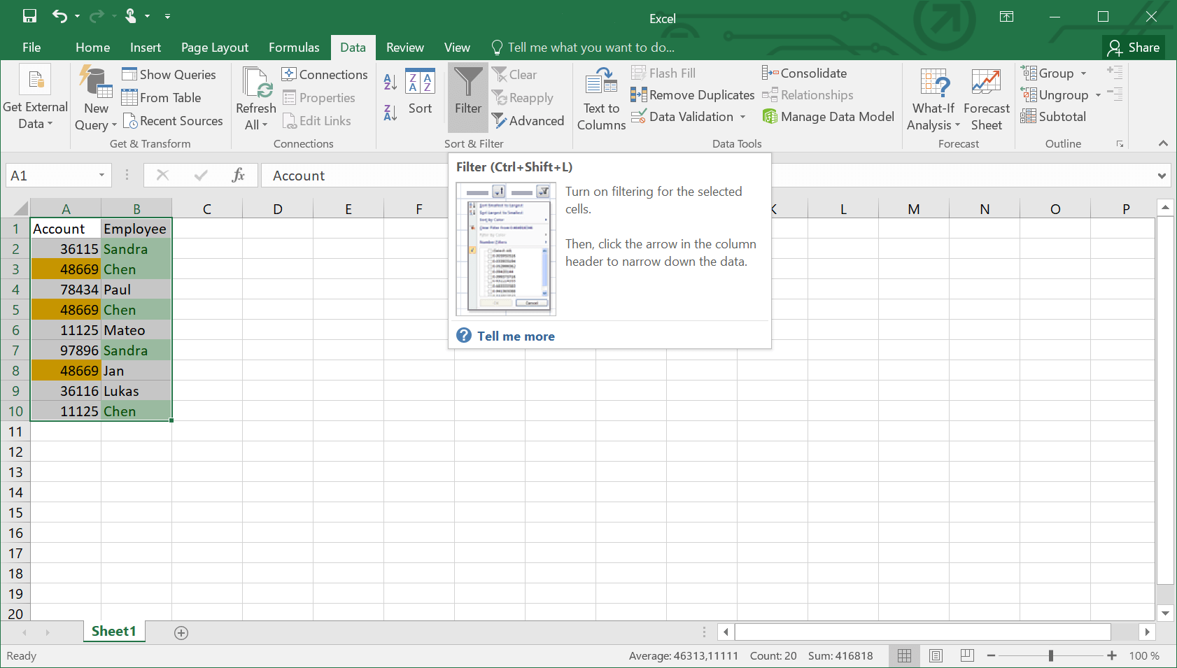 Funzione di filtro in Excel