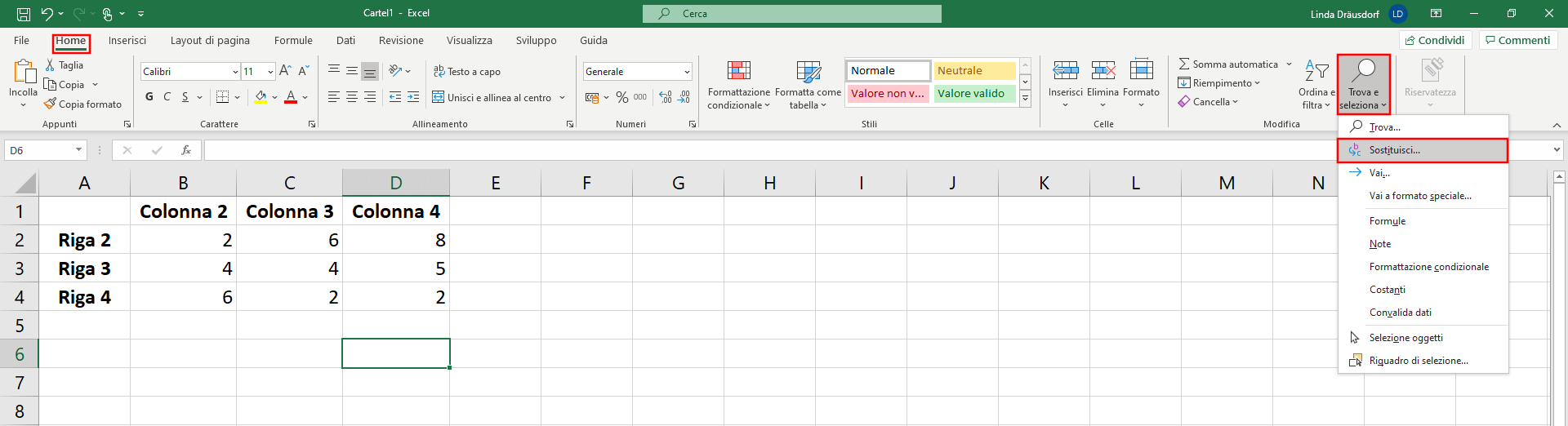 Finestra di dialogo di Excel con le funzioni “Trova” e “Sostituisci”