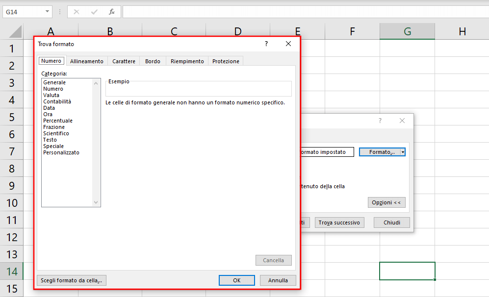 Finestra in cui Excel può cercare celle con una formattazione precisa