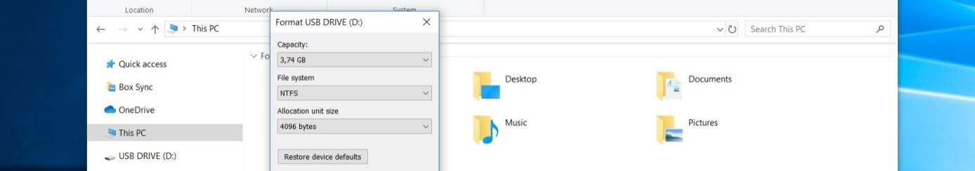 Windows 10: finestra di dialogo “Formattazione chiavetta USB”