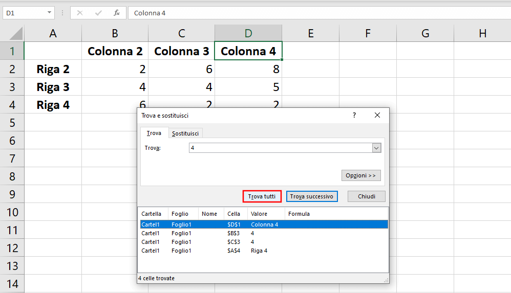 Funzione Cerca su Excel: mostrare tutti i risultati per un termine di ricerca