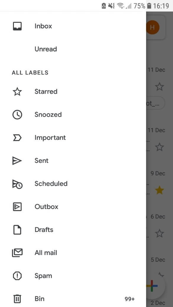 Interfaccia utente Gmail con visualizzazione della struttura delle cartelle nell’app Android