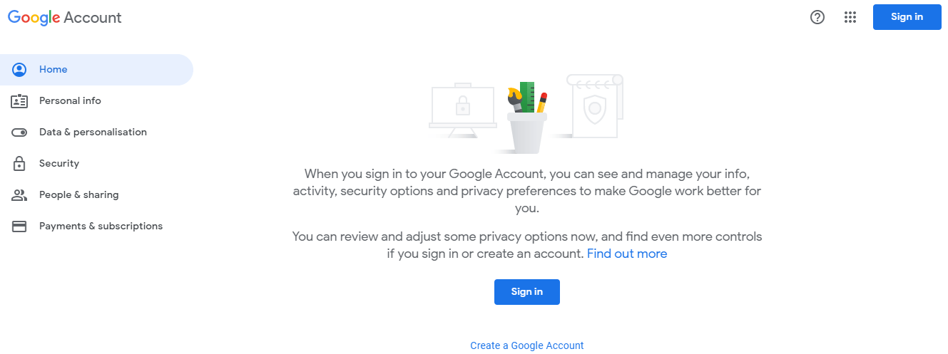 Account Google: menu per gestire le impostazioni