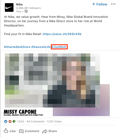 LinkedIn: l’hashtag del brand Nike “JustDoIt”