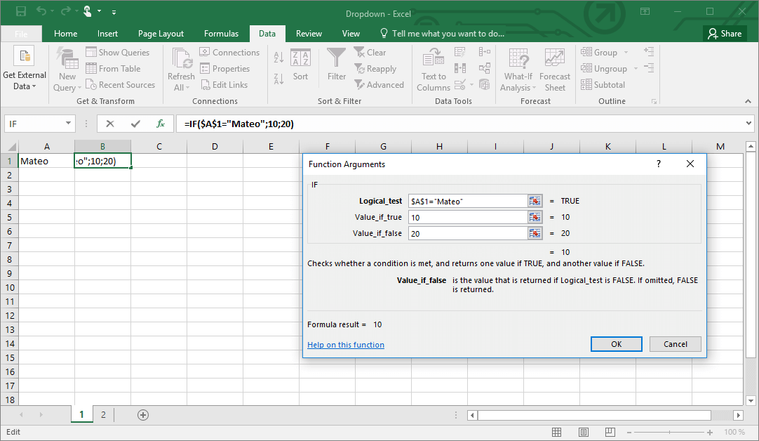 Funzione SE in Excel con lista di selezione