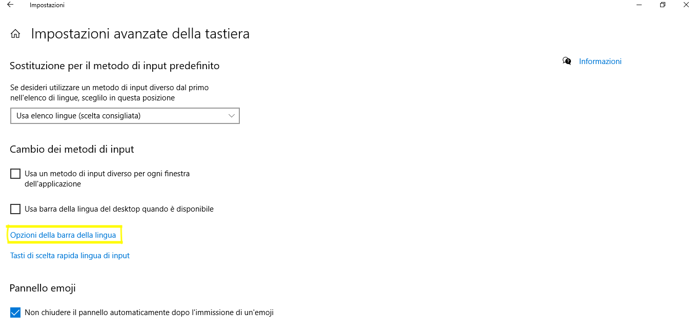 Impostazioni avanzate della tastiera nelle impostazioni di Windows 10