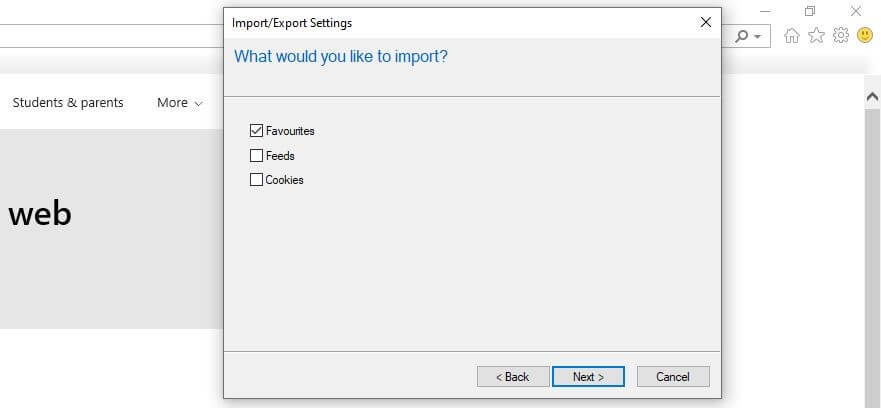 Finestra di dialogo per l’importazione dei segnalibri in Internet Explorer 11