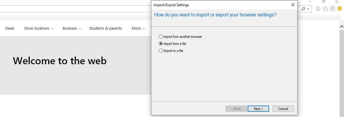 Impostazioni per l’importazione/esportazione in Internet Explorer 11