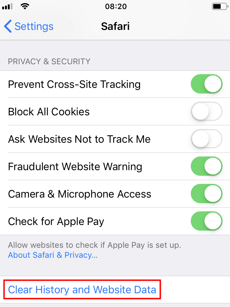 Impostazioni iOS per Safari: “Cancella dati siti web e cronologia”